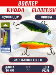 Воблер KYODA Globefish Minnow-66SP, длина 6,6 см, вес 7.0 гр цвет P1278, заглубление 0,5-1,0 м