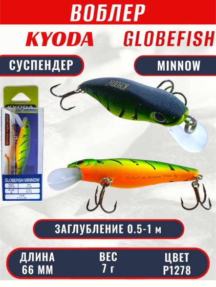 Воблер KYODA Globefish Minnow-66SP, длина 6,6 см, вес 7.0 гр цвет P1278, заглубление 0,5-1,0 м